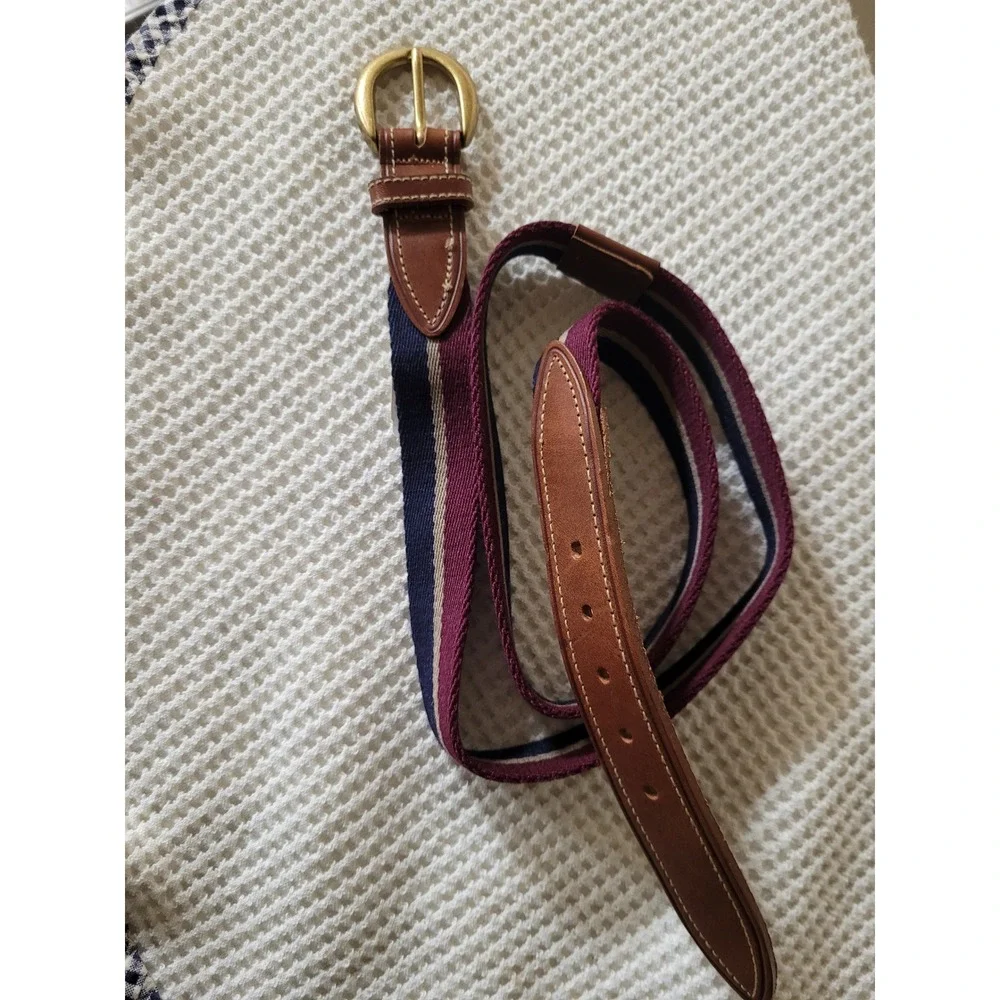 Alexander Julian Colours Mens Striped Canvas Leather Belt Burgundy Navy‎ Size 40